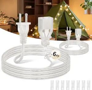 Clear Extension Cord 6 Feet, 2 Pack Clear Extension Cord, UL-Certified Power Cord Extension, 2 Prong Extension Cord Male to Female, 2x18 AWG Thin Extension Cord 125V 7A, Indoor Extension Cords