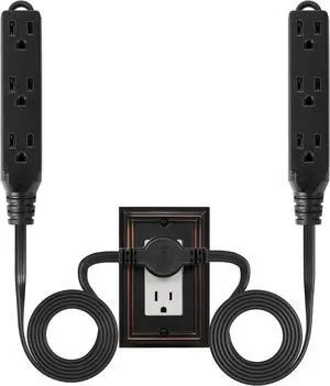 3 Prong Twin Power Strip, 12Ft Ultra Thin Flat Extension Cord with Flat Head Plug, 6Ft on Each Side, 6 Outlets, Double Extension Cord Splitter, Indoor Use, ETL Listed, Black