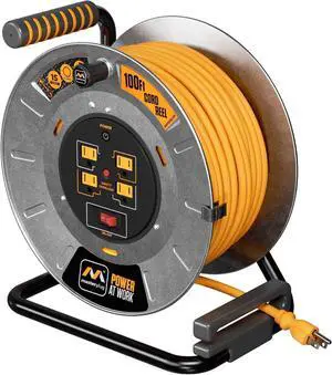 100ft Cord Reel, Metal Cable Drum, Retractable Extension Lead with Winding Handle, Safety Overload Circuit Breaker and Power Switch, 4x Grounded Outlets, 15amps, 12AWG Cable