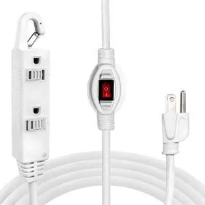 Iron Forge Cable 10 Ft 3 Outlets White Extension Cord with Inline Switch On/Off, 16/3 SJTW 3 Prong with Hook for Hanging -10 AMP Cord - ETL Listed