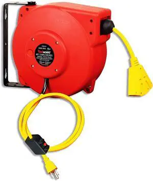 ReelWorks Retractable Extension Cord Reel Polypropylene 12AWG x 40' Foot Industrial Commercial Grade 3C SJT Cable Triple Tap Connector 15A 125VAC 1875W 60Hz Current Interrupter Best for Indoor Use