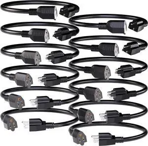 12 Pack Short Extension Cord 1 Foot Black, 16/3 Gauge Indoor Power Extension Cable, 13A 125V 1625W 16AWG, 3 Prong Outlet Saver NEMA 5-15P to NEMA 5-15R, ETL Listed POWGRN