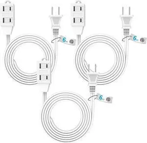 Indoor Extension Cord, 2 Prong 6 Feet Extension Cord, 3 Polarized Outlets with Safety Slide Windows,13A/1625W, 16 AWG, 2 Packs (3 Packs)