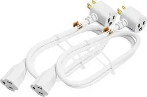 Maximm Cable 2 Pack 3 Feet Angled Indoor Extension Cord/Wire, 2 Outlet Piggyback Extension Cord - White - UL Certified