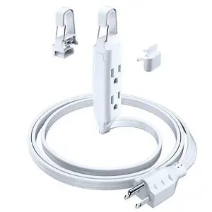 Extension Cord with Removable Easy-Hook System, 4 ft, 3 Outlet Extension Cord 90° Flat Plug, Hang at Eye Level or Higher for Super-Easy Access, UL Certified
