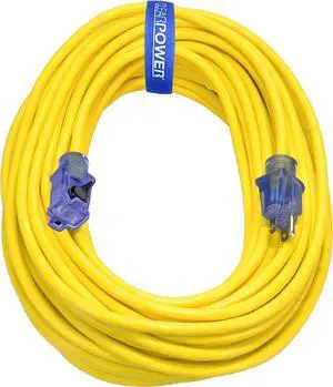 Clear Power 100 ft 14/3 SJTW Heavy Duty Outdoor Extension Cord with Lighted Locking Connector, Yellow, Water, Weather & Kink Resistant, Flame Retardant, 3 Prong Grounded Plug, CP10131