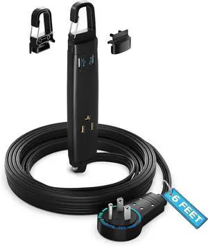 360° Rotating Flat Plug Extension Cord with USB Ports and a Removable Hook Black Extension Cord 6 ft (16 Gauge) UL Certified