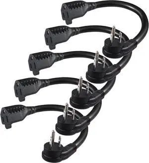 [5 Pack] Flat Plug Short Power Extension Cord - 6inch Black Low Profile Flat Head 3 Prong Grounded Indoor Extension Cord,16AWG 13amp Household Appliance Electrical Extension Cord with Flat Wall Plug