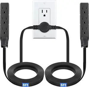 HOUHUI Twin Extension Cord Power Strip 3 Prong 12Ft Heavy Duty Double Extension Cord with 6 Outlets - ETL Certified, 6Ft Each Side Flat Plug Power Strip Two Way Splitter for Home Office Cabinet Sofa