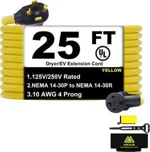 Dryer Extension Cord 4 Prong 30 Amp NEMA 14-30P to 14-30R,25 FT Level 2 EV Charging 125V/250V Plug STW 10 Gauge UL Listed