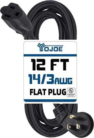 YOJOE Flat Plug Indoor Extension Cord 12 ft, 3 Prong 15A Power Cord, 14 Gauge Heavy Duty Black Extension Cord for Garage, Garden and Home, 14/3 SJTW, UL Listed
