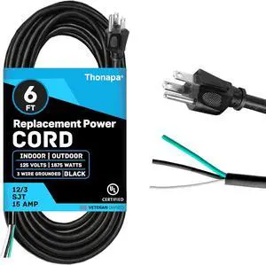 15 Amp Replacement Cord 6 Foot with Open End - 12 AWG Replacement Extension Cable 3 Prong to 3 Wire, 12/3 SJT, NEMA 5-15P - Black