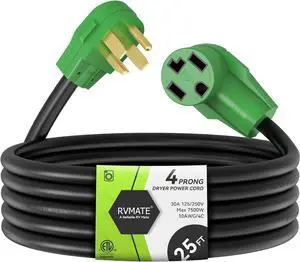 RVMATE 4 Prong Dryer Extension Cord 25 Feet, 30 Amp NEMA 14-30P to 14-30R 125V/250V Waterproof PVC Jacket, Perfect for Dryer Power Extension, ETL Listed