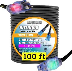 100 ft Extension Cord 10/3  10 Gauge Outdoor Heavy Duty Power Cable, 15 Amp 1875W, Waterproof SJTW with Lighted End, 3-Prong, Indoor/Outdoor Extreme Weather Use Flexible & Durable