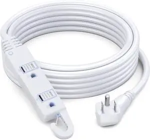 Maximm Extension Cord White 15 Ft with Automatic Closing Hook, Multi Outlet - 3 Prong Power Cord Extender Angled Flat Plug, Child Safety Feature (15ft)