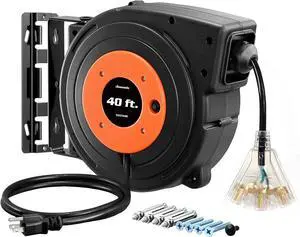 DEWENWILS Retractable Extension Cord Reel, 40 FT Heavy Duty Power Cord, 12AWG/3C SJTOW, 3 Grounded Outlets Lighted Triple Tap, 15 Amp Circuit Breaker, UL Listed