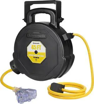 DEWENWILS 45FT Retractable Extension Cord Reel, Wall/Ceiling Mountable Electrical Cord Reel with Lighted Triple Outlets, 12/3 SJT Power Cord, Retracting Cord Reel for Garage, Shop, ETL Listed