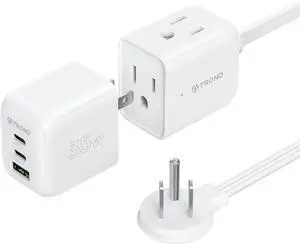 TROND Travel Power Strip with Detachable USB C Ports Fast Charge GaN III PD35W, 5ft Flat Plug Extension Cord with Multiple Outlets, for Home Hotel Dorm Room Cruise Ship Essentials, White