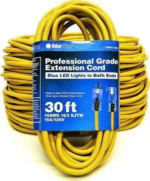 OdorStop OSEC1430 Extension Cords with Blue LED Lights on Both Ends, 14/3 SJTW, 30-ft