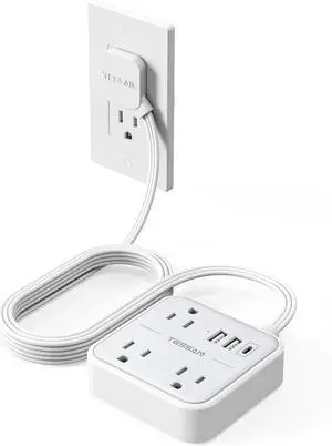 Extension Cord Flat Long Power Strip 15 FT, TESSAN Surge Protector Power Strip with USB Ports (1 USB C), Flat Wall Outlet Extender with 3 Outlets for Home, Office, School, Dorm Room Essentials