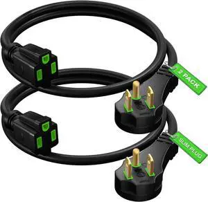 Maximm Flat Plug Extension Cord 1 ft with Slim Space-Saving Plug Design, Low Profile Extension Cord 14AWG (Black, 2 Pack)