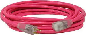 Coleman Cable 2577SW000A 25-Foot 12/3 Neon Outdoor Extension Cord, Made in the USA, Water Resistant Vinyl Jacket, Reinforced Blades, Clear Molded Plug With Power Indicated Light, Fluorescent Pink,