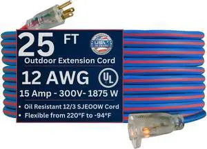 US Wire 99025 12/3 25-Foot SJEOW TPE Cold Weather Extension Cord Blue with Lighted Plug