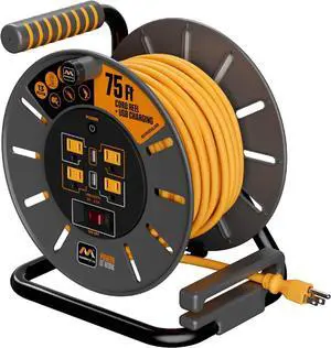 75ft Cord Reel, Retractable Extension Lead with Winding Handle, Safety Overload Circuit Breaker and Power Switch, 4x Grounded Outlets, 2x USB Ports, 15amps, 12AWG Cable