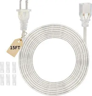 Clear Extension Cord 15 Ft, UL-Certified Clear Extension Cord Indoor Thin, 2 Prong Extension Cords, Male to Female Invisible Extension Cord 2 x 16 AWG, Thin Extension Cords for Light (1 Pack)