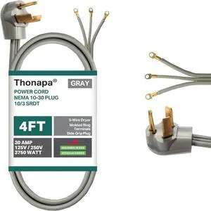 3 Prong Dryer Cord 4 Ft, 30 Amp Appliance Extension Cord 3 Prong 4 Foot, NEMA 10-30 Plug, 10/3 SRDT Gray with Molded Ring Terminals