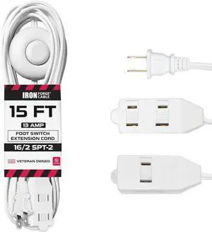Iron Forge Cable 15 ft 3 Outlet White Extension Cord with Foot Switch - 16/2 SJTW 2 Prong Indoor Extension Cord with Multiple Outlets