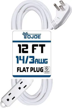 YOJOE 3-Outlets Flat Plug Indoor Extension Cord Outlet Extender, 3 Prong 12 ft 15A Power Strip, 14 Gauge Heavy Duty White Extension Cord, 14/3 SJTW, UL Listed