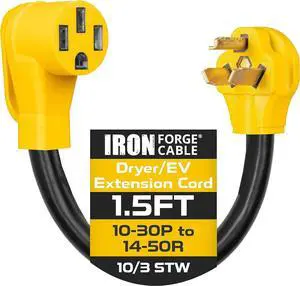 Iron Forge Cable 1.5 Ft EV Charger Adapter Cord - 10-30P to 14-50R Black STW 10 Gauge Cable, 30 Amp Male Plug to 50 Amp Female Receptacle Heavy Duty.