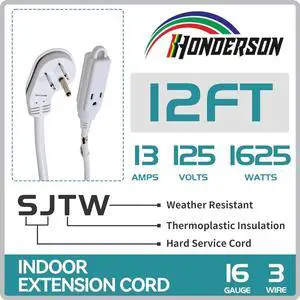 3-Outlets Flat Plug Indoor Extension Cord Outlet Extender, UL Listed, 16 Gauge 12FT White 3 Prong Heavy Duty, 16/3 SJTW 13A Power Strip