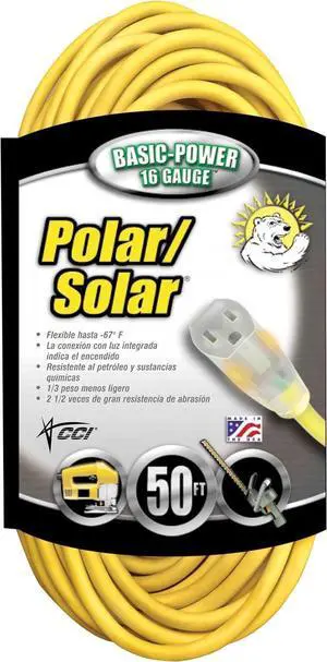 Southwire Polar Solar Extension Cord - Cold Weather Performance & Lighted End Indicator - Waterproof Jacket - Flexible & Durable - 16/3 Gauge - 50 Foot Yellow Outdoor Cord