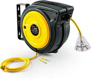 ReelWorks Extension Cord Reel Retractable 12AWG x 50' Foot 3C/SJTOW Glow Strip Cable and Lightup Triple Tap Connector Advanced Slow Retraction Technology (SRT)