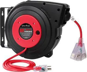 45 Ft Retractable Extension Cord Reel, 12 AWG/3C SJTOW Heavy Duty Power Cord with 3 Electrical Outlets, 15 AMP Circuit Breaker, Lighted Triple Tap, Ceiling or Wall Mount, UL Listed