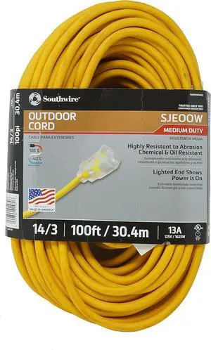 Southwire Polar Solar Extension Cord - Cold Weather Flexibility & Rugged Durability - SJEOOW Jacket - UL Listed - Oil & Chemical Resistant - 14/3 Gauge - 100 Foot - Yellow Outdoor Cord