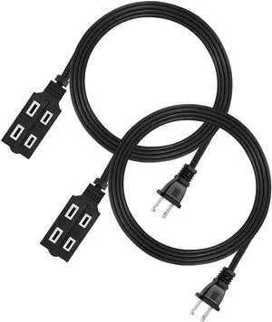 Cmple - 3-Outlet Household Indoor Extension Power Cord - 2 Prong with Protection Outlet Cover - 6 Feet, Black, (2 Pack)