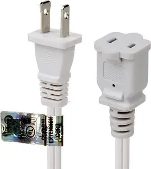 15-Feet (4.6Meter) Long Polarized White US 2-Prong Male-Female Extension Power Cord,16AWG 2 Prong Extension Cable 2-Prong Male/Female Extension Cord