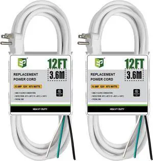 EP 2 Pack 12 Ft Flat Plug Appliance and Power Tool Cord, 14 Gauge 3 Prong 15A Replacement Power Supply Cord Cable, 110V 115V 120V AC Pigtail, White