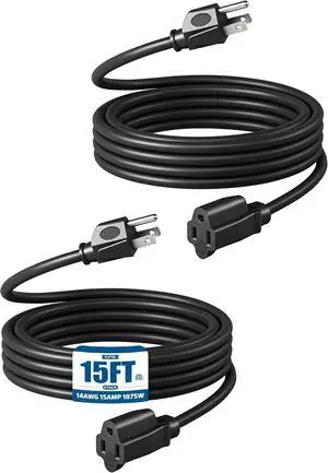 DEWENWILS Extension Cord 15ft, 14/3 SJTW Weatherproof Power Cable for Indoor Outdoor Use, 3 Prong Heavy Duty Power Cord, Black, ETL Listed, 2 Pack