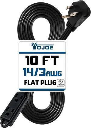 YOJOE 3-Outlets Indoor Extension Cord Outlet Extender, 3 Prong Grounded 15A Power Strip, 14 Gauge Heavy Duty 10 ft Black Flat Plug Extension Cord, 14/3 SPT-3 UL Listed