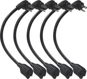 Short Flat Plug Extension Cord 1 Foot- Low Profile Angle Flat Plug Ground 1FT Indoor AC Extension Cord Short 3 Prong Grounded Extension Cable SJT 16AWG Heavy Duty Flexible Power Cord (5 Pack)