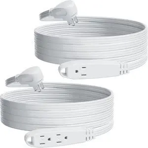 K KASONIC - 12FT Flat Plug Extension Cord, UL Listed 16/3 SPT-3 1625W Power Strip with 3 Outlets, 3 Prong Grounded 13 Amp 125V Indoor Extension Cord for Home Office, 2 Pack