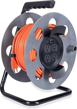 IRON FORGE CABLE 75 Ft Extension Cord Reel with 4 Electrical Power Outlets & Breaker Switch - 16/3 SJTW Heavy Duty Orange Cable with 3 Prong Grounded Plug, Portable Cord Reel