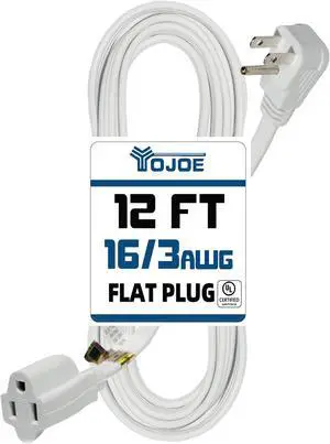 YOJOE Indoor Extension Cord, 3 Prong Grounded 13A Power Cord, 16 Gauge Heavy Duty 12 ft White Flat Plug Extension Cord for Home, Office, 16/3 SPT-3 UL Listed