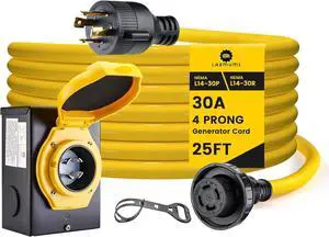 25FT 30 Amp Generator Power Cord and Power Inlet Box Waterproof Combo Kit, Heavey Dury NEMA L14-30P to L14-30R,125/250V 7500W 10 Gauge SJTW Generator Cord, Twist Lock Connector