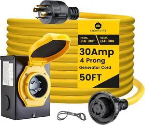 50FT 30 Amp Generator Power Cord and Power Inlet Box Waterproof Combo Kit, Heavey Dury NEMA L14-30P to L14-30R,125/250V 7500W 10 Gauge SJTW Generator Cord, Twist Lock Connector