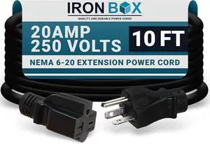 IronBox Electric - NEMA 6-20 Extension Cord - 12/3 SJT Jacket, 20A, 250V Extension Cable - Compatible with Any Generator Equipped with a 6-20 Receptacle - Heavy Duty Cable (Molded, 10 Foot)